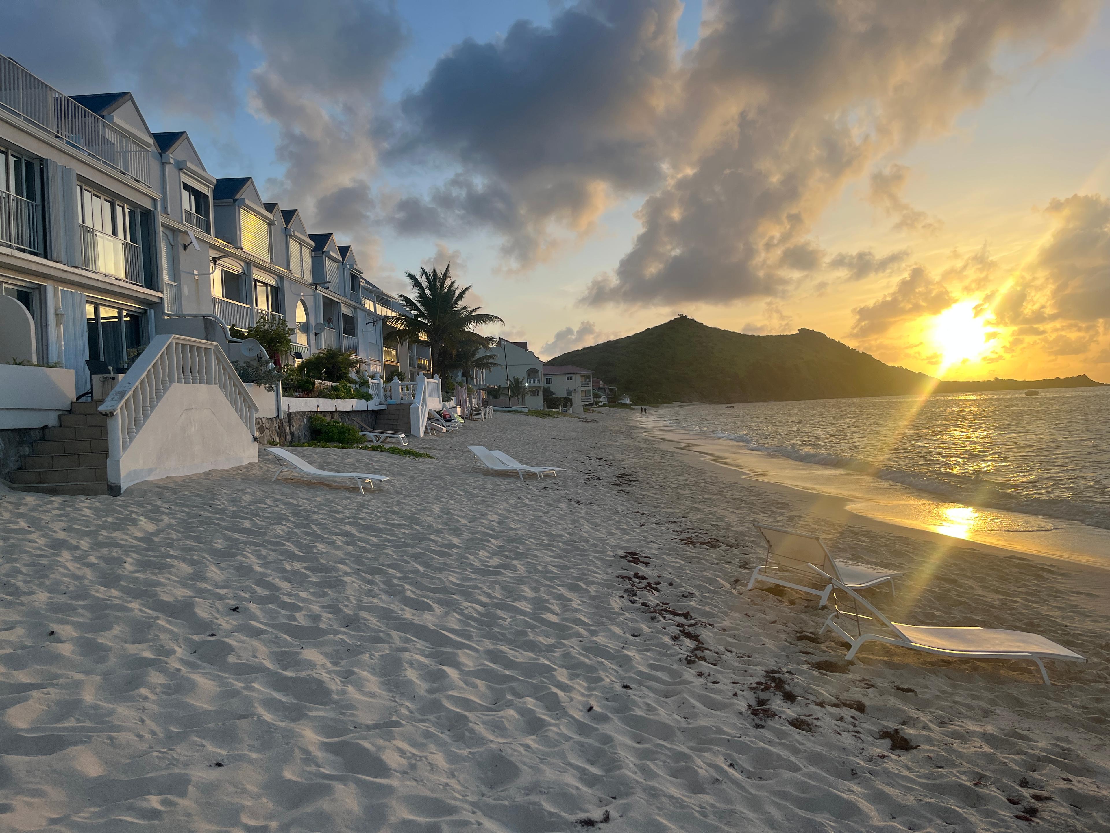 Grand Case beachfront apartments at sunset